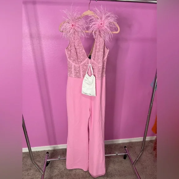 NADINE MERABI Ostrich Feather Lace Bodice Jumpsuit in Pink sz 10 - Picture 3 of 6